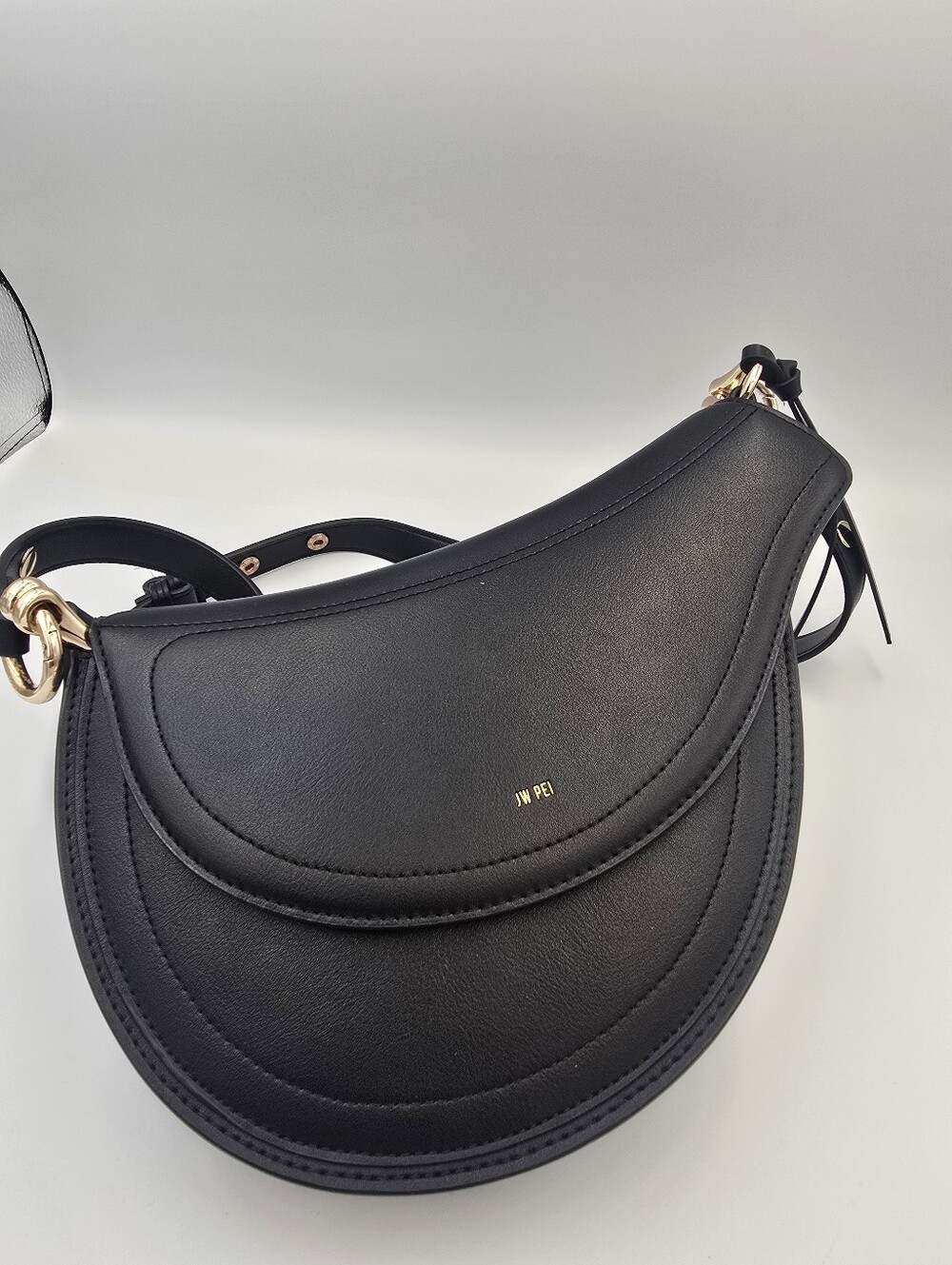 JW PEI Black Crescent Saddle Shoulder Bag with Gold Hardware